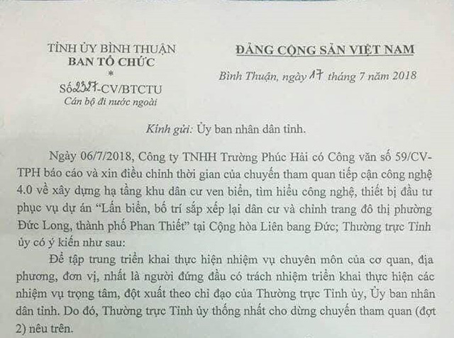 Công văn của Ban Tổ chức Tỉnh ủy Bình Thuận