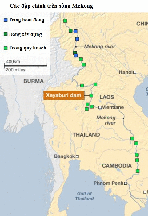 Sơ đồ các đập chính trên sông Mekong (Ảnh: BBC)
