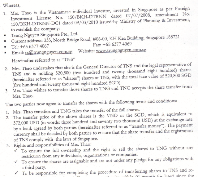 Một phần hợp đồng chuyển nhượng cổ phần TNS của bà Lê Hoàng Diệp Thảo với TNG vào năm 2011
