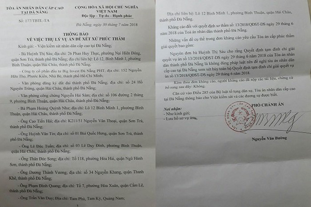 
Thông báo thụ lý vụ án của Tòa án cấp cao tại Đà Nẵng
