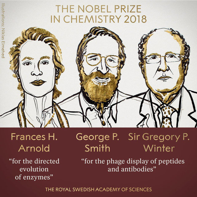
Ba chủ nhân giải Nobel Hóa học 2018 (Ảnh: Viện Hàn lâm khoa học Thụy Điển)
