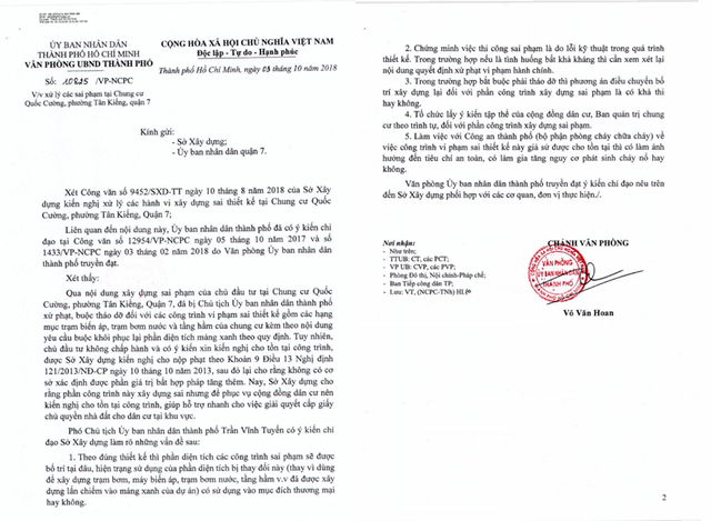 Văn phòng UBND TPHCM vừa ký ban hành văn bản truyền đạt ý kiến chỉ đạo của Phó Chủ tịch UBND TP làm rõ các sai phạm tại chung cư Quốc Cường Gia Lai