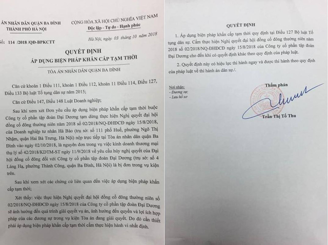 Quyết định của TAND quận Ba Đình, Hà Nội áp dụng biện pháp khẩn cấp tạm thời cấm thực hiện Nghị quyết đại hội đồng cổ đông thường niên số 02/2018/NQ-ĐHĐCĐ ngày 15/8/2018 của Công ty cổ phần Tập đoàn Đại Dương.