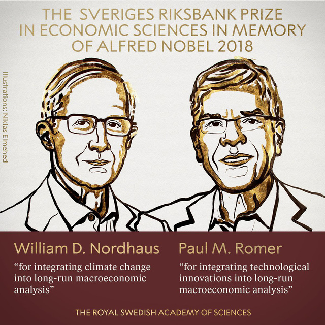 Hai chủ nhân của giải Nobel Kinh tế 2018 (Ảnh: Guardian)