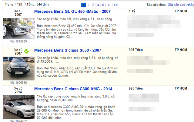 Mức giá nhiều dòng xe khá đắt đỏ, thậm chí có xe sang S550 đời 2007 được rao bán dưới 1 tỷ đồng.