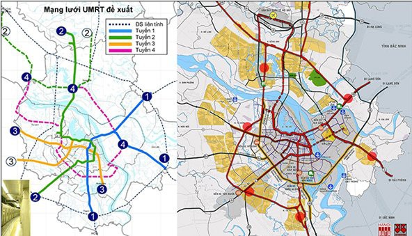
Sơ đồ mạng lưới UMRT trong tài liệu HAIDEP công bố 2006: các tuyến đường sắt số 1,2,3 thực hiện cho đến năm 2018 cơ bản theo sơ đồ này; Tích hợp ĐSĐT với ĐSQG Citysolution đề xuất 2018 - Nguồn: Hanoidata
