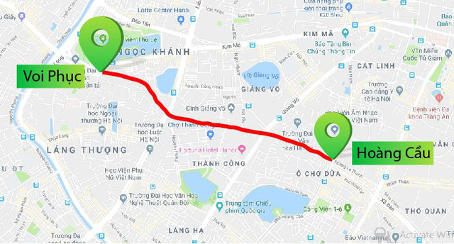 
Bản đồ chi tiết 2,2 km Hoàng Cầu - Voi Phục chuẩn bị được thi công mở rộng. Ảnh: Google Maps.

