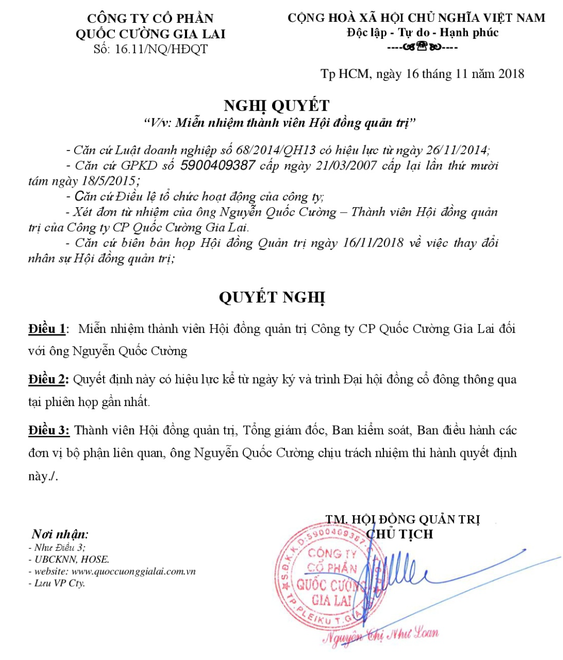 Hội đồng quản trị QCG đã thống nhất việc miễn nhiệm chức vụ thành viên HĐQT đối với ông Nguyễn Quốc Cường (ảnh chụp màn hình)