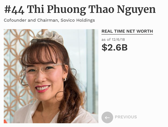 Theo xếp hạng của Forbes, bà Nguyễn Thị Phương Thảo đang xếp thứ 44 trong danh sách những phụ nữ quyền lực nhất thế giới