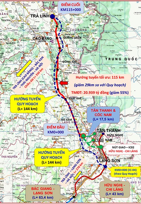 Tuyến dự án rút ngắn xuống 115km (màu đỏ) so với toàn tuyến theo quy hoạch 144 km trước đó (màu xanh)