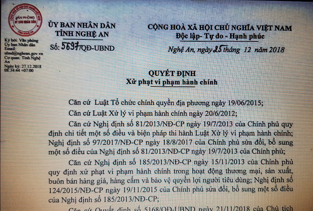 Ngày 25/12/2018, UBND tỉnh Nghệ An có Quyết định số 5697 QĐ-UBND về việc xử phạt vi phạm hành chính đối với cá nhân ông Tạ Thiên Hà (SN 1978, trú khối 8, phường Trung Đô, TP Vinh, Nghệ An) với số tiền 40 triệu đồng.