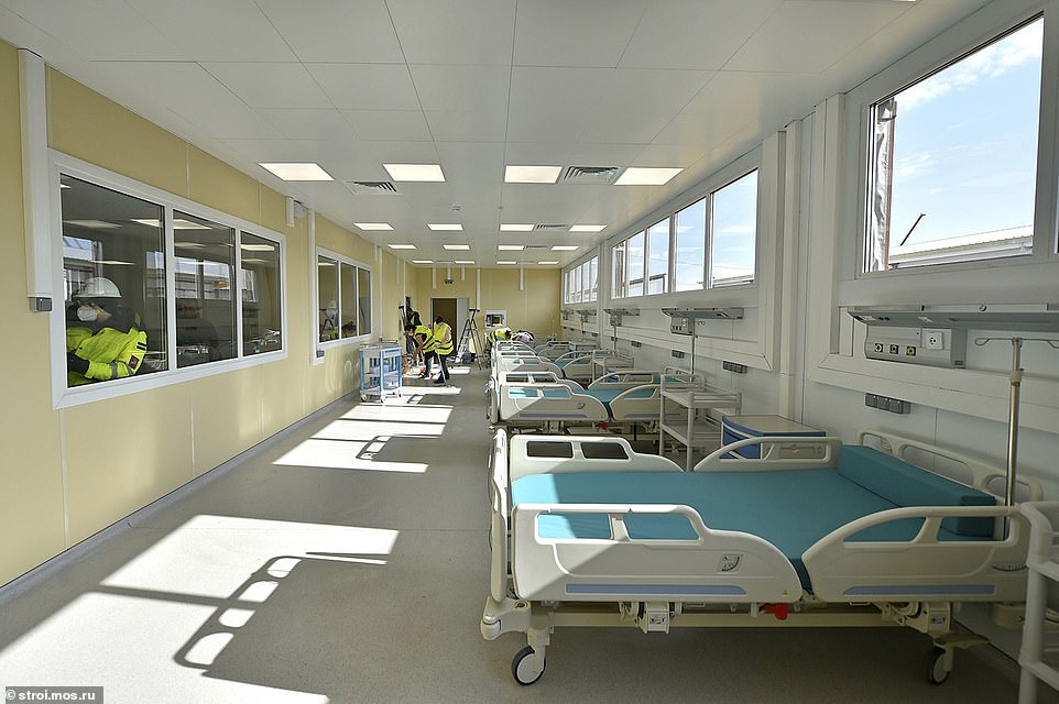 Pictured: A ward at Moscow's new £92million hospital complex which has seen over 10,000 construction workers deployed there in recent days