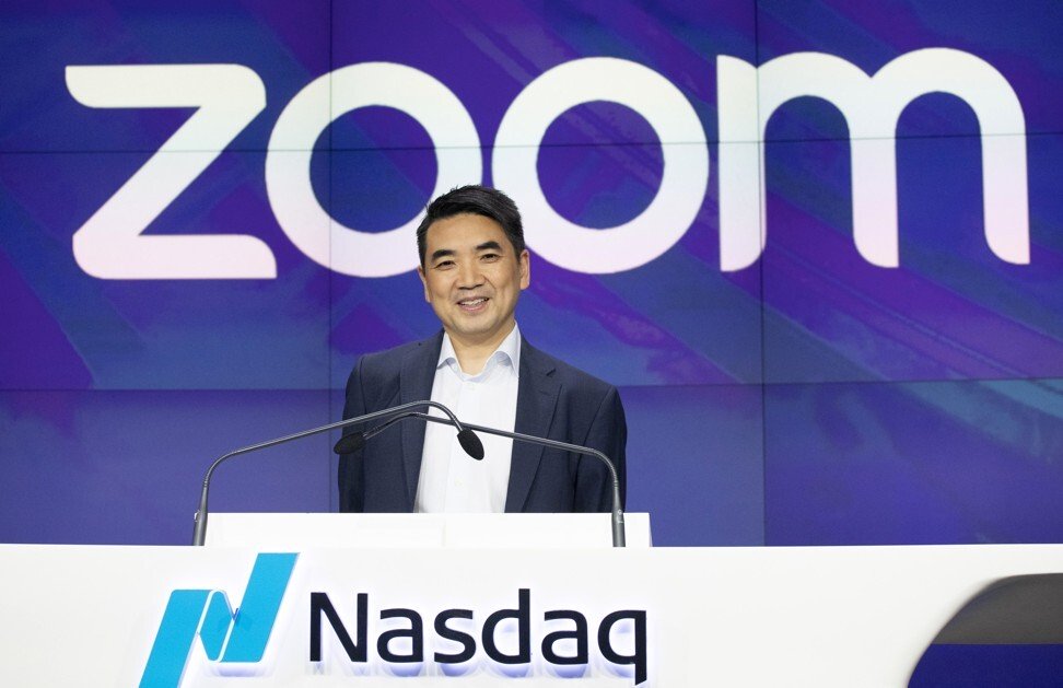 CEO Eric Yuan attends the opening bell at Nasdaq as his company holds its in April 2019. The stock has rallied as people rely on its video conferencing app at home amid the coronavirus pandemic. Photo: AP