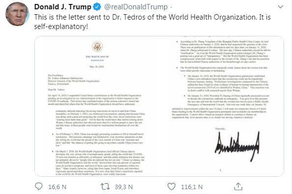 Tổng thống trump đăng tải toàn văn bức thư của Nhà Trắng gửi đến WHO hôm 18/5 lên Twitter.