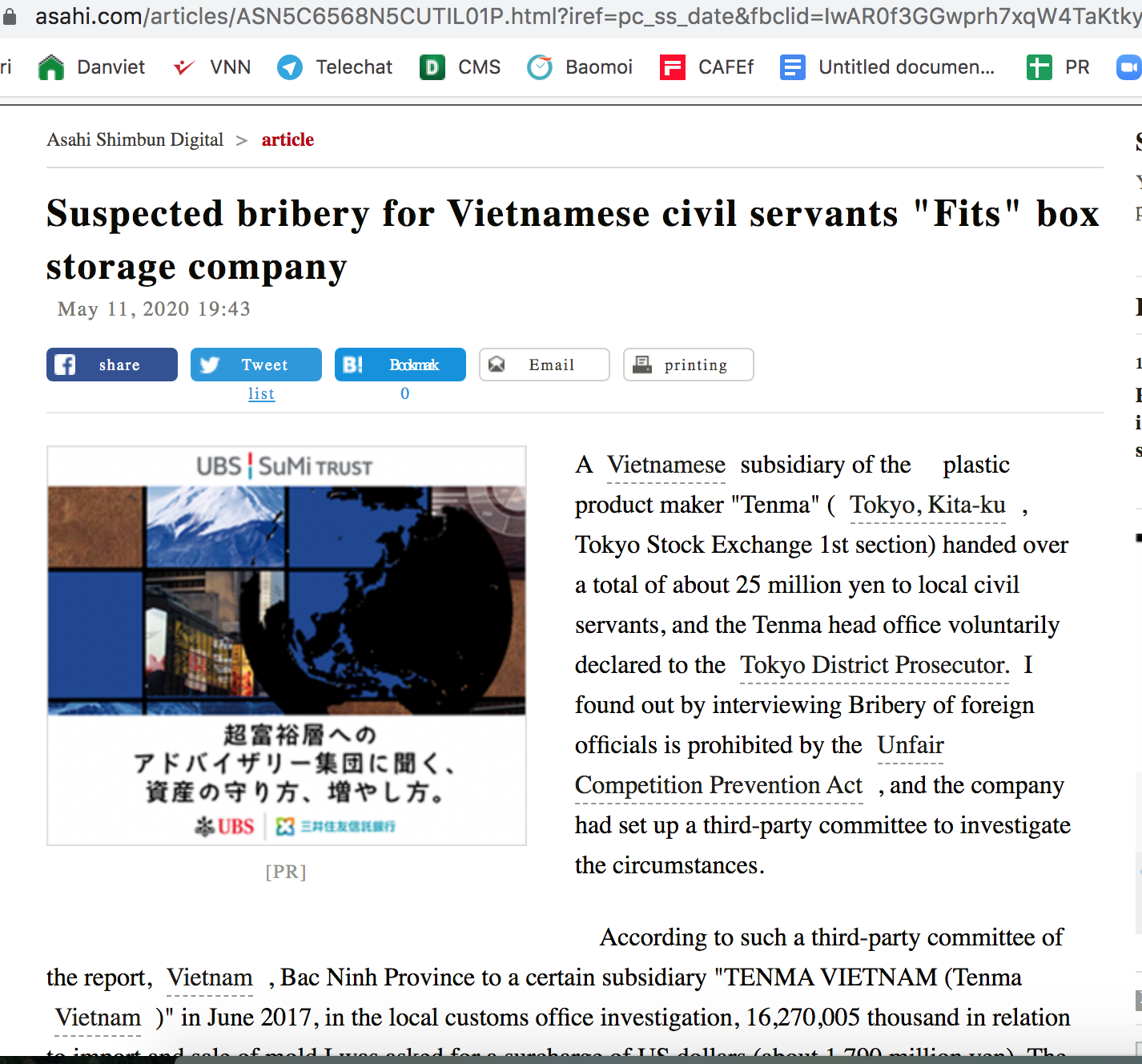 Bất thường nghi vấn Công ty Tenma hối lộ công chức Việt Nam 25 triệu yên