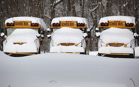 Những chiếc xe buýt trường học bị tuyết phủ trắng tại Kalamazoo, bang Michigan.