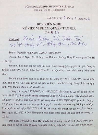 Đơn phản ánh ông Nguyễn Văn Ninh gửi đến báo Dân trí