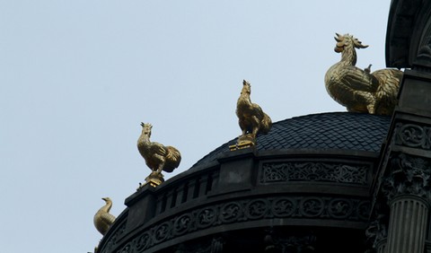 Các chú gà trống vàng đều được thiết kế trong tư thế đang cất tiếng gáy