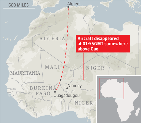 Họa đồ đường bay dự kiến và vị trí mất tích của máy bay Algeria.