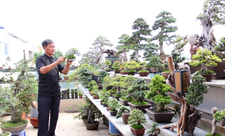 Nghệ nhân Đào Thành đang chăm chút từng chậu bonsai mini trên sân thượng nhà mình