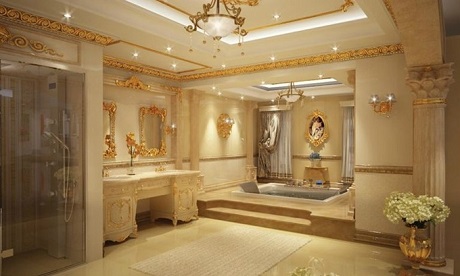 Toàn bộ nội thất của phòng tắm được dát vàng