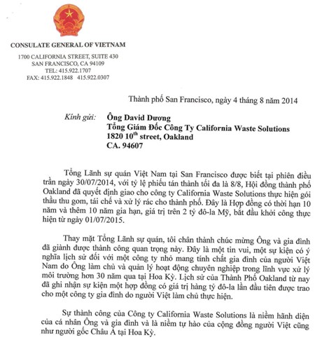 Thư chúc mừng của Ngài Tổng lãnh sự Việt Nam tại San Francisco Nguyễn Bá Hùng gửi ông David Dương