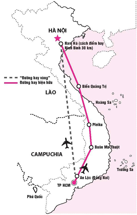 Đường bay thẳng và đường bay hiện nay giữa Hà Nội và TP HCM - Đồ họa: PHƯƠNG ANH