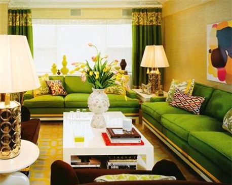 Phòng khách lấy màu sắc xanh lá cây và xanh sậm làm chủ đạo.