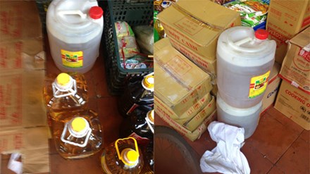 Dầu ăn được đóng thùng 20 lít, giá 420 nghìn đồng bán ở chợ Đồng Xuân (Hà Nội)