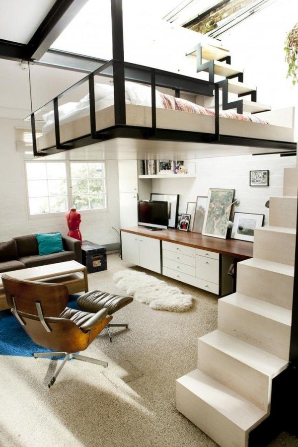 giường, không gian, căn hộ, trần nhà, thiết kế