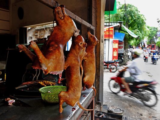 Một quầy thịt chó tại Hà Nội (Ảnh AFP)