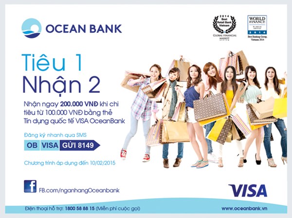 OceanBank mở thẻ Visa quốc tế tiêu 1 nhận 2