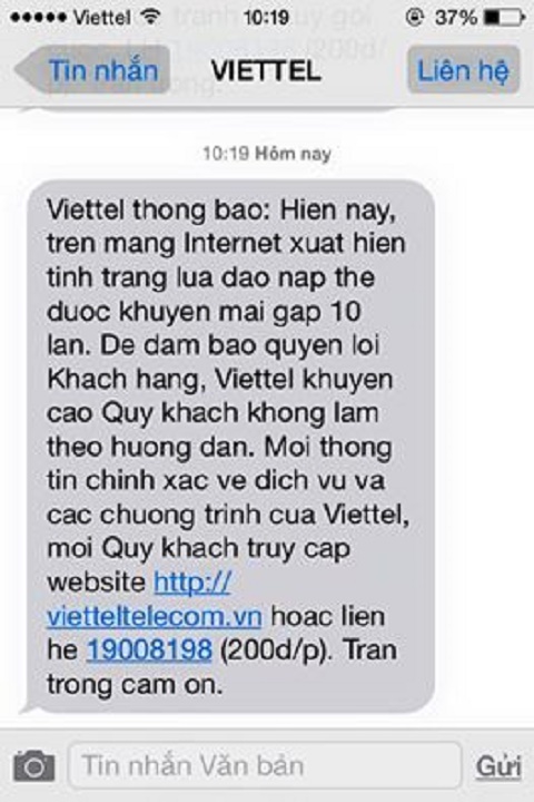 Thông báo của Viettel gửi đến thuê bao di động của khách hàng trong ngày 31/12