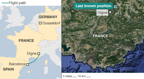 Máy bay cất cánh từ Barcelona và rơi trên lãnh thổ Pháp (Ảnh: