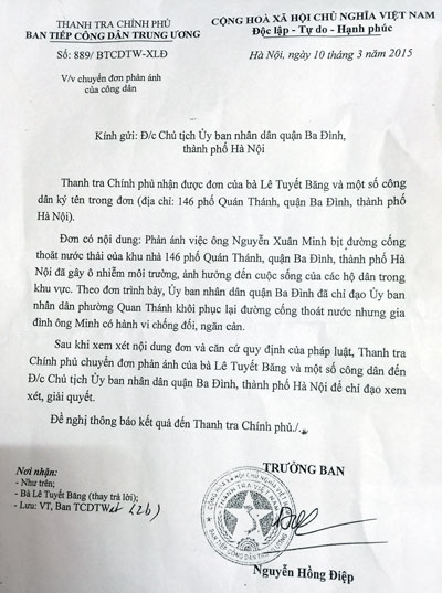 Văn bản chỉ đạo của Thanh tra Chính phủ gửi Chủ tịch UBND quận Ba Đình