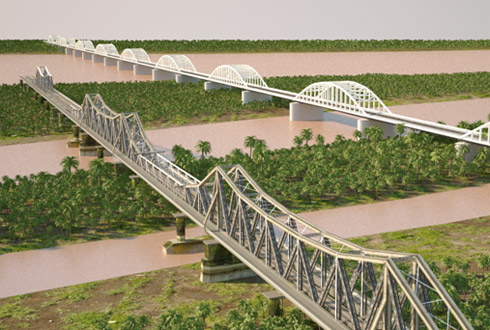 Phối cảnh cầu đường sắt đô thị bắc qua sông Hồng song song với cầu Long Biên.