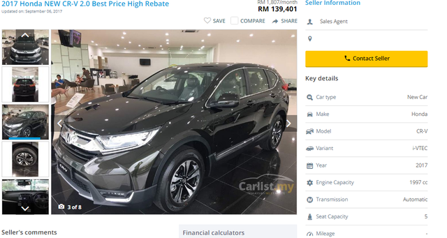 Giá xe Honda CRV bản 5 chỗ, đời 2017 tại Malaysia
