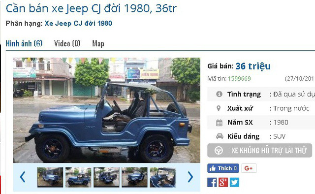 
 Chiếc xe Jeep CJ đời 1980 có giá 36 triệu đồng, được giới thiệu máy “êm ru, nguyên bản, không đâm đụng, ngập nước”. Ảnh: Lâm Anh
