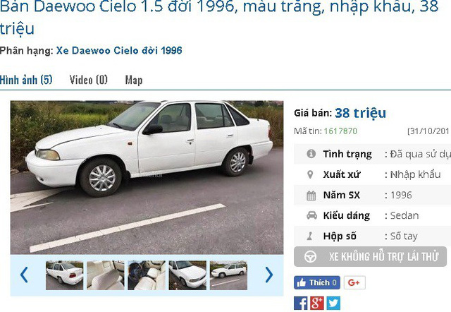 
Chiếc Daewoo Cielo 1.5 đời 1996, màu trắng, nhập khẩu đang được rao giá 38 triệu đồng. Người bán cho biết, xe được sử dụng giữ gìn và chăm sóc cẩn thận. Mọi tính năng của xe còn rất tốt, nguyên bản, điều hòa rất mát mát và còn đăng kiểm.
