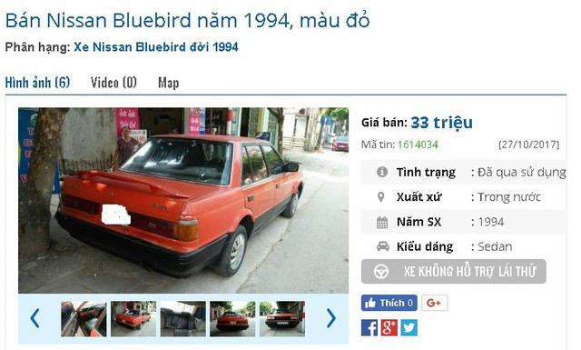 
Chiếc Nissan Bluebird năm 1994, màu đỏ còn đăng kiểm, máy ổn định, điều hòa tốt được rao giá 33 triệu đồng.
