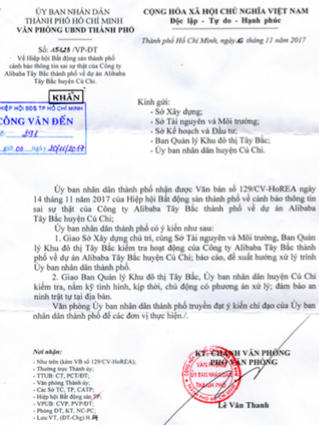 UBND TPHCM vừa có văn bản số 15123/VP-ĐT gửi khẩn cấp kiểm tra hoạt động của công ty địa ốc Alibaba.