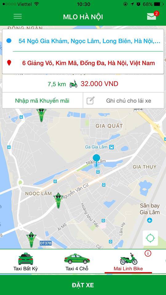 Bắt xe bằng ứng dụng Mai Linh bike tại bến xe Gia Lâm nhưng không có xe nào gần bến, mà đứng ở khá xa