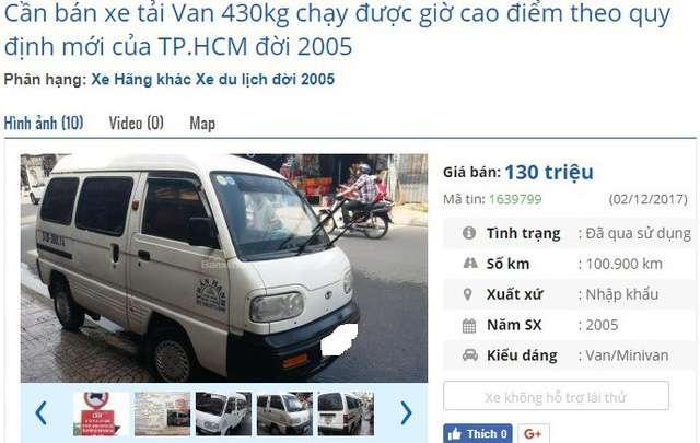 
Chiếc xe tải Van nhập Hàn Quốc 2N/430kg biển TP.HCM này đang được rao bán giá 130 triệu đồng. Theo quảng cáo, xe chạy được giờ cấm theo quy định mới của TP. HCM.
