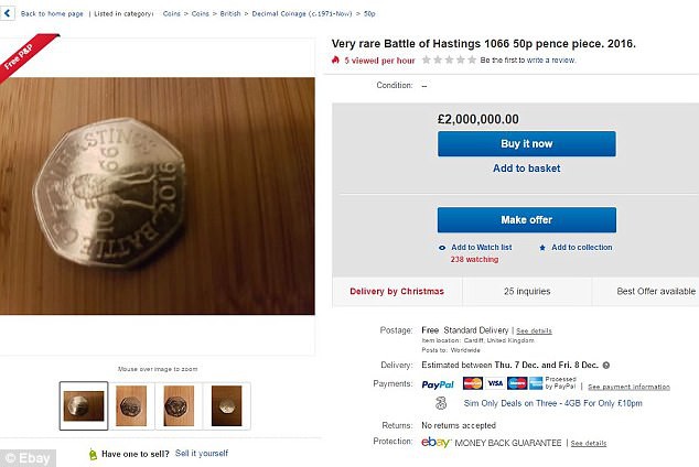 
Đồng xu 50p được rao bán 2 triệu bảng Anh trên eBay. Ảnh: Dailymail
