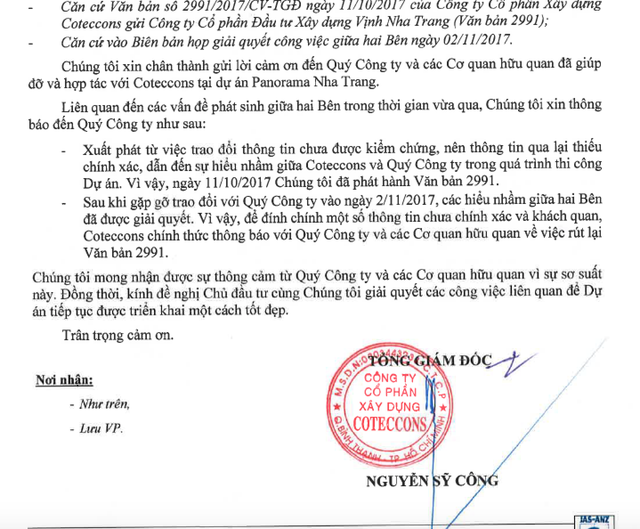 
Công văn đính chính và xin rút lại văn bản đã tố cáo VNT của Công ty Coteccons
