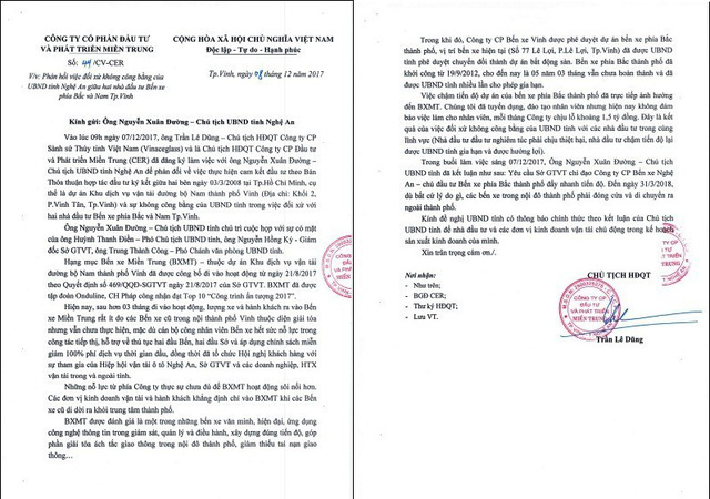 
Công văn của Công ty CP đầu tư và Phát triển Miền Trung gửi UBND tỉnh Nghệ An phản hồi việc đối xử không công bằng khiến công ty mỗi tháng lỗ 1,5 tỷ đồng do không có khách
