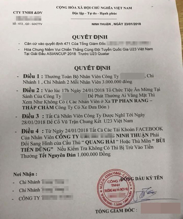 Quyết định thưởng đậm, cho nhân viên nghỉ 5 ngày liền để cổ vũ U23 Việt Nam đá trận chung kết