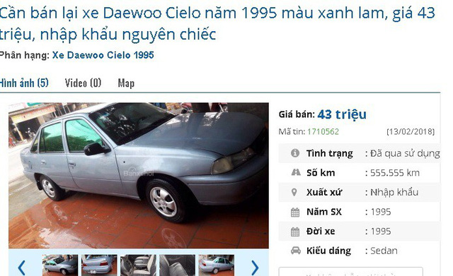 
Chiếc Daewoo Cielo năm 1995 màu xanh lam này đang được rao bán giá 43 triệu, xe nhập khẩu nguyên chiếc.
