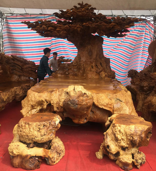 
Bàn nguyên khối bằng gỗ nu đinh hàng nghìn năm tuổi, dài 4m, đỉnh tán cây tùng cao 3,2m, rộng 1,8m, được chạm khắc cầu kỳ, tinh xảo, đầu bàn được chạm hình đầu rùa

