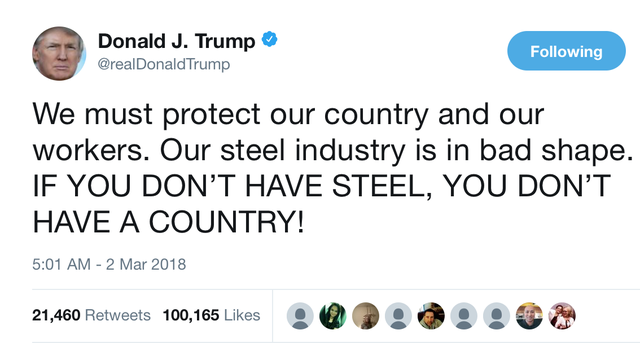Tổng thống Mỹ Donald Trump liên tục có những tuyên bố khẳng định lập trường bảo hộ đối với ngành nhôm, thép nước Mỹ